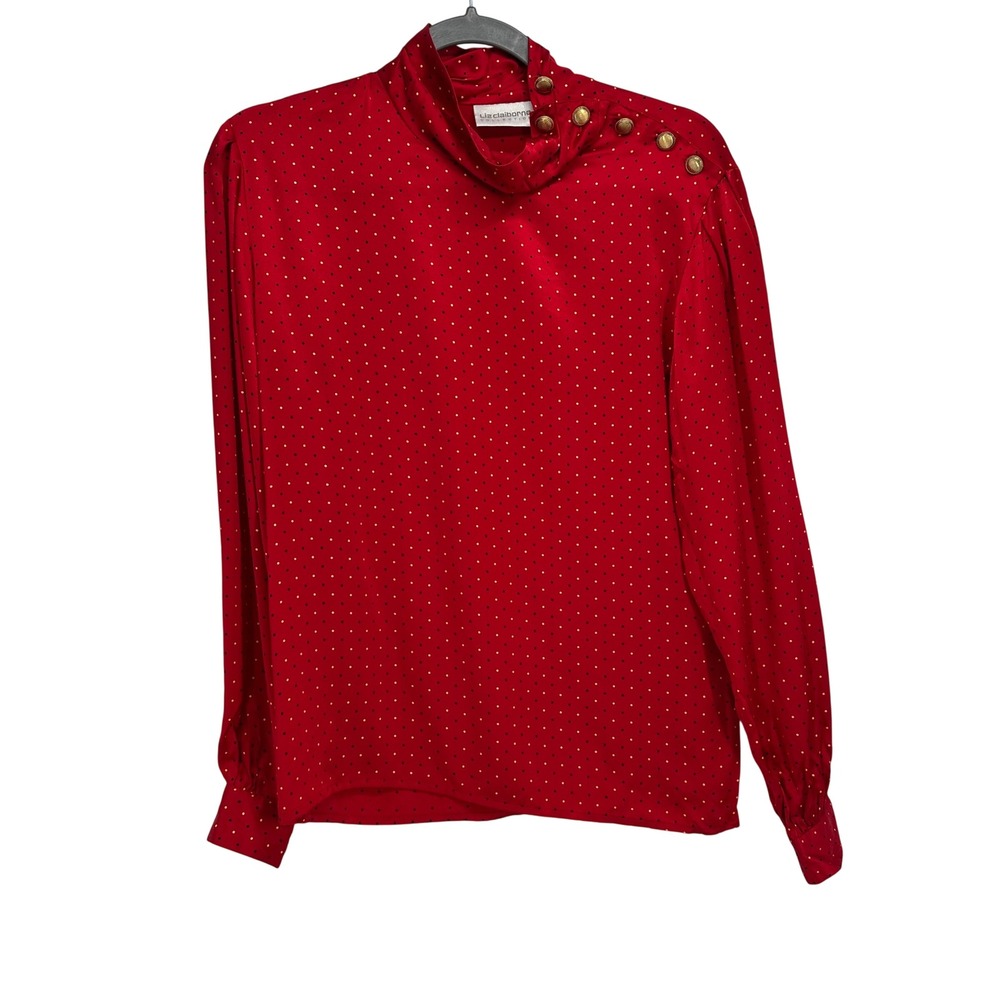 Liz Claiborne Women 6 Silk Blouse Red Polka Dot Gold Button Vintage Career
